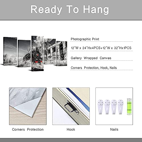 Canvbay 5 Pieces Red Train Canvas Wall Art Smoke Locomotive Train Wall Decor Black And White Steam Engine Painting Pictures Retro Vehicle Photo Poster Artwork Stretched And Framed For Living Room Bedroom #TOP4