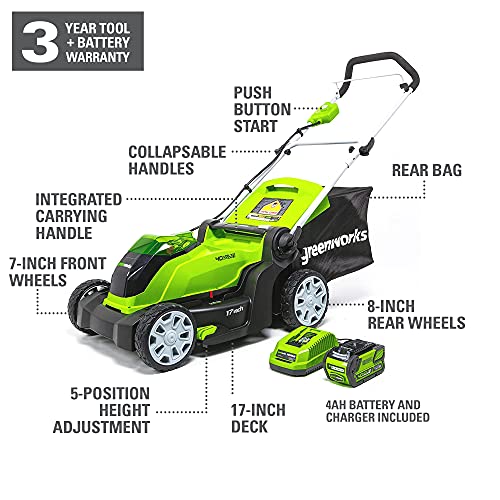 Greenworks 40V 17-Inch Cordless Lawn Mower, 4Ah Battery and Charger, MO40B411
