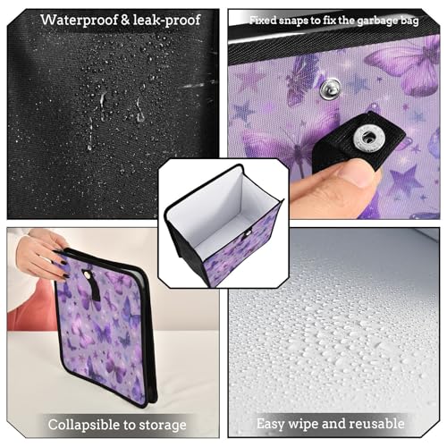Image of Car Trash Can Organizer Bin with Adjustable Strap for Back Front Seat Console Waterproof Leakproof Collapsible Portable 8.66 Inch Purple Dreamy Butterflies and Stars