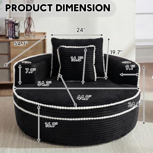 Image of Oversized Round Chair Lounge Chaise Indoor, 54.3 inch Upholstered Corduroy Deep Seat Single Cloud Sofa Chair with Cup Holder, Modern Large Circle Boneless Sleeper Sofa for Living Room, Black