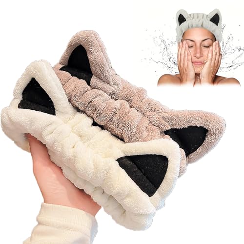 XINCHENG 2 Pcs Makeup Headband, Face Wash Headband, Soft Coral Fleece Facial Headband, Cute Cat Spa Headband for Washing Face Makeup Skincare
