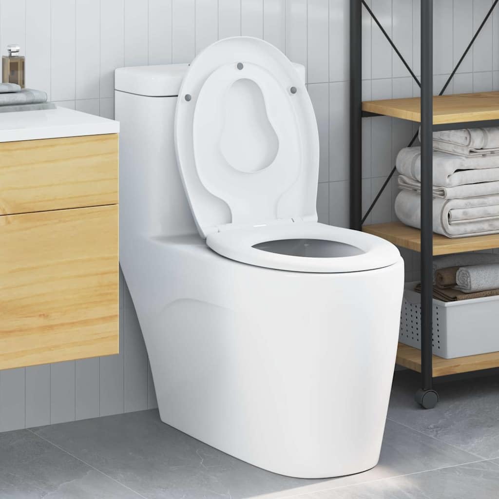 Mangloder - Asiento de inodoro de duroplast blanco de 47 x 37 cm con cierre suave y cierre rápido para cuarto de baño, ovalado con doble tapa para familias, fácil montaje, higiene y sustitución