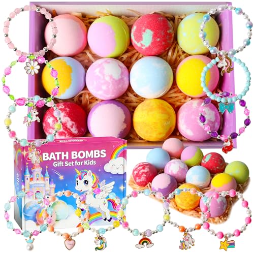 Bath Bombs for Girls with Toys Inside Kids Bath Bombs with Jewelry Inside 12 Pcs Natural Bubble Bath Set for Skin Moisturizing Birthday Christmas Easter Gifts for 4 5 6 7 8 Year Old