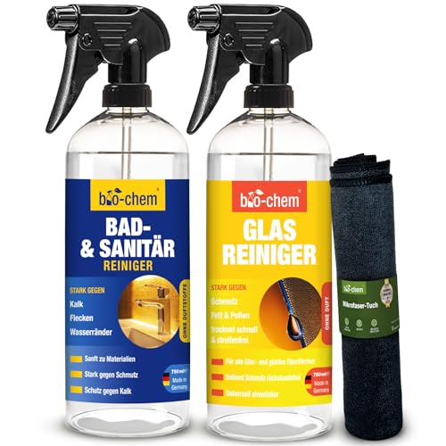 bio-chem Bad- und Sanitärreiniger - Badreiniger Spray, WC-Reiniger, Kalkentferner mit Lotuseffekt, Kalkreiniger für Bad, Dusche, WC, Spülbecken u.v.m. (5) BADREINIGER + GLASREINIGER + TUCH)
