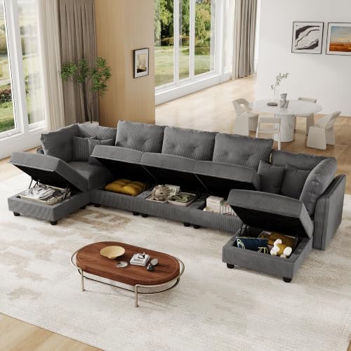 Image of LLappuil Modular Sectional Sofa with Storage, U-Shaped 7-Seat Corduroy Couch with 7 Throw Pillows, Pet-Friendly Convertible Sofa for Living Room & Apartment, Skin-Friendly, Grey