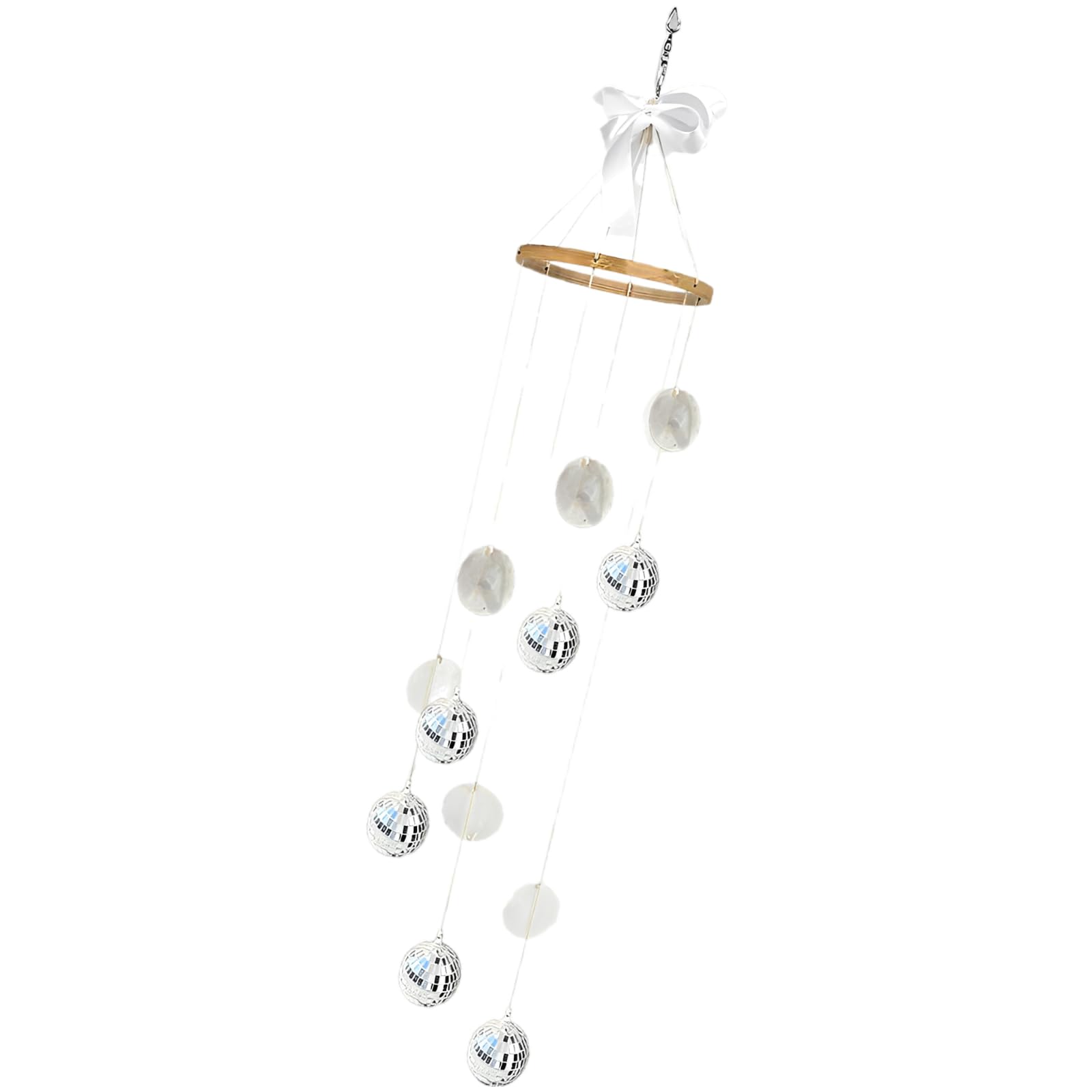 Décoration Suspendue Boule à facettes avec Coquillages naturels, Boule Miroir 88 cm, déco Artisanale réfléchissant la lumière avec Anneau en Bois pour fenêtre, Chambre, Patio, Jardin, fête