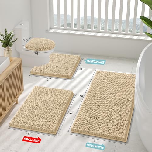 Smiry Luxury Chenille Bathroom Rugs 30x20, Extra Soft and Absorbent Shaggy Bath Mat, Machine Washable, Non-Slip Plush Carpet Runner for Tub, Shower, and Floor, Home Decor Accessories, Beige