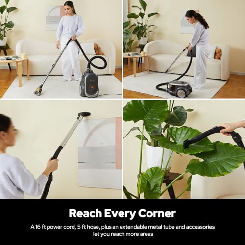 Image of Aircliff Canister Vacuum Cleaner, Specially Designed Nozzle for Pet Family, 1200W & 17Kpa Strong Suction, 2 HEPA Filters & 5 Cleaning Tools for Hard Floor, Carpet, Upholstery, Pet Hair(Sliver)