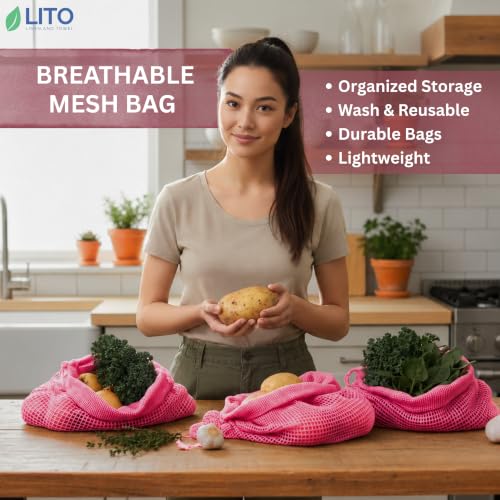 Image of Vegetable Bag for Fridge (6 pcs), Fridge Storage Containers with Drawstrings, 100% Cotton Vegetable Storage Bags for Refrigerator, Keeps Veggies Fresh Longer, Eco-Friendly Fridge Bag (Onion Pink)