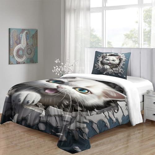 Housse de couette chat 3D anti-plis avec fermeture éclair pour lit simple - 5