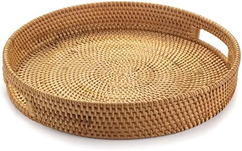 Rattan Round Serving Tray, Hand Woven Serving Basket with Cut - Out Handles, Wicker Fruit/Bread Serving Basket, 13.4 inch