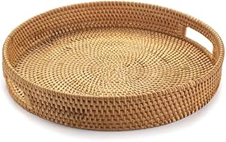 Rattan Round Serving Tray, Hand Woven Serving Basket with Cut - Out Handles, Wicker Fruit/Bread Serving Basket, 13.4 inch