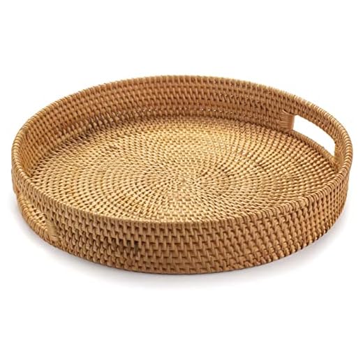Rattan Round Serving Tray, Hand Woven Serving Basket with Cut - Out Handles, Wicker Fruit / Bread Serving Basket, 14.2 inch