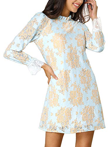Allegra K Women s Ruffle Crew Neck See Through Mini Crochet Floral Lace Dress Large Light Blue