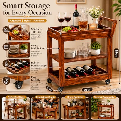 Image of Solid Wood 3-Tier Rolling Bar Cart | Mobile Kitchen Island & Serving Trolley with Removable Top Tray & Integrated Bottle Holder Wine Serving Trolley| Brown Finish