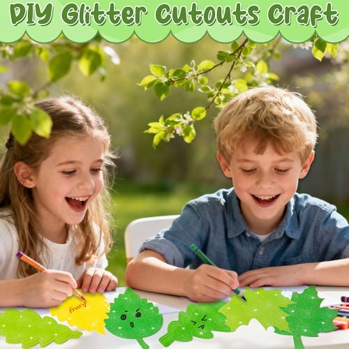 Image of Spring Leaves Paper Cutouts - 100Pcs Glitter Green Leaf DIY Paper Cuts for Birthday Party Supplies Maple, Oak, and Birch Leaves Shape DIY Cutouts for Spring Home School Bulletin Border Wall Decoration