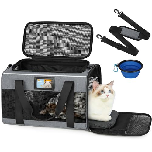 Cat Carrier Airline Approved Pet Carrier Soft Sided Cat Carrier for Medium Big Cats and Puppy 15 lbs Large Cat Carrier Bag Dog Puppy Carrier for Small Dogs Cat Travel Carrier with Foldable Bowl, Grey