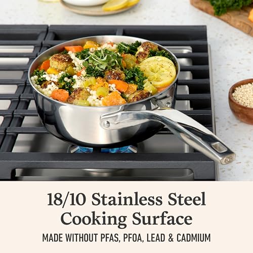 Image of Calphalon Premier Polished 5-Ply Stainless Steel Cookware w /Turbo Heat Tech 2.5Qt Chef's Pan with Lid, Induction, Oven Safe 500F, PFOA Free, Polished Stainless Silver