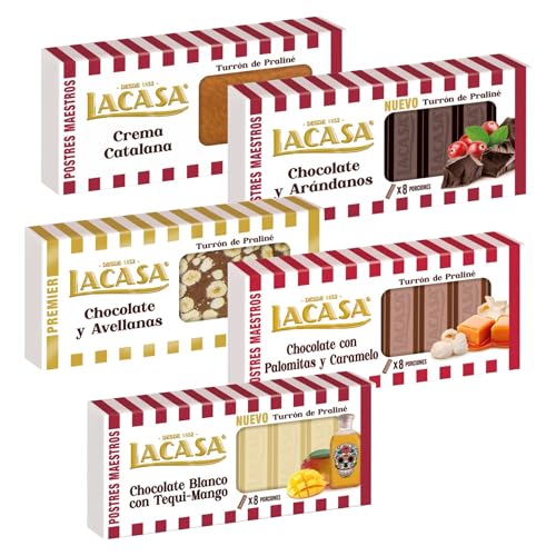 Surtido Turrones Lacasa: 5 tabletas de turrón variadas: Chocolate y café, Chocolate y coco, Chocolate y piña, Milhojas de nata y Tres chocolates