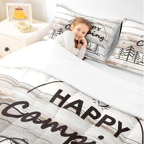 Castle Fairy Happy Camping Full Size Comforter Set White Wood Panels Bedding Set for Kids Adults Teens Country Style Comforter Luxury Camper Quilt Set Room Decor 3Pcs - 5