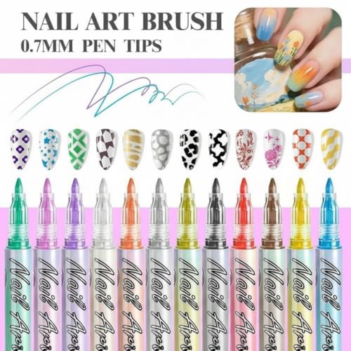 Image of KHOLAD 12 Colors nail art Pens Set, 2026 Upgrade Nail Art Markers for Gel Nails, DIY Quick Dry Graffiti Dotting Point Liner Pens, 3D Nail Polish Pens for Painting, Nails Art Drawing Tool (12 Colors - 0.7mm Fine Tip)
