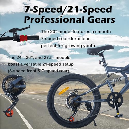 TRIOBLADE 20/24/26/27.5 Inch Full Suspension Mountain Bike for Adults Teens & Youth, Dual Shock MTB Dirt Bicycle, 7/21-Speed Gears, Mechanical Disc Brakes, High-Carbon Steel Frame (Grey, 24inch) - Image 5