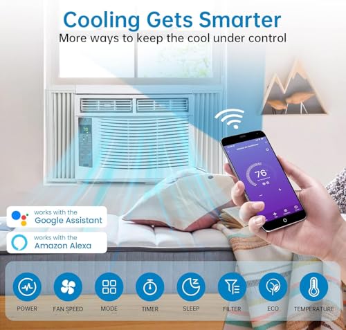 Image of Smart Window Air Conditioner 6000 BTU, Cool Up to 250 Sq. Ft. with Remote WiFi Control, Energy Saving, Quiet, Dehumidification, Cooling, White for Office, Bedroom, Kitchen