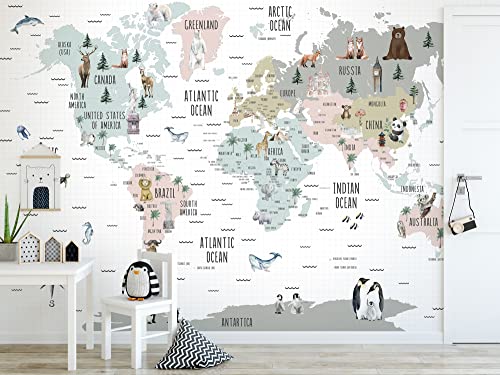 Marewallart World Map Wallpaper - Kids Map Wall Mural, Nursery Map Wall Mural, Kidsroom Animals Wall Print, Childroom Playroom Wallpaper #TOP2