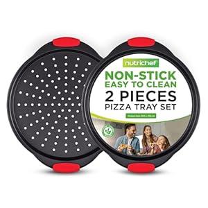 NutriChef 2-Pc. Non Stick Pizza Tray – with Silicone Handle, Round Steel Non-Stick Pan with Perforated Holes, Dishwasher Safe, Pizza Tray with Silicone and Oversized Handle, PFOA, PFOS, PTFE Free
