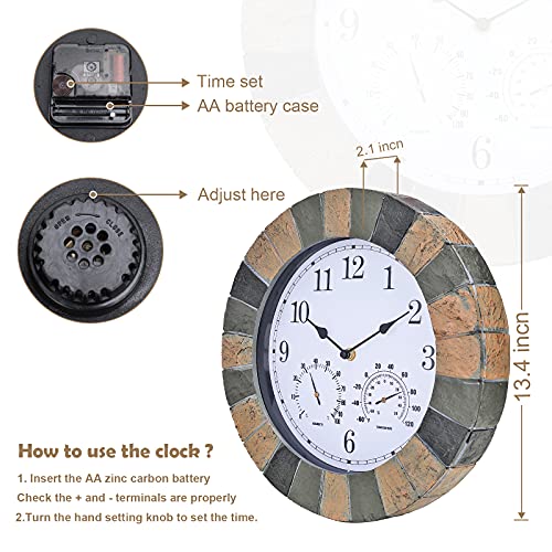 Mumtop Outdoor Clock - Indoor Clock Large Wall Clock With Thermometer And Hygrometer Combo, 13.5-Inch Quartz Round Clock For Terrace Home Garden Decor (Stone) #TOP1