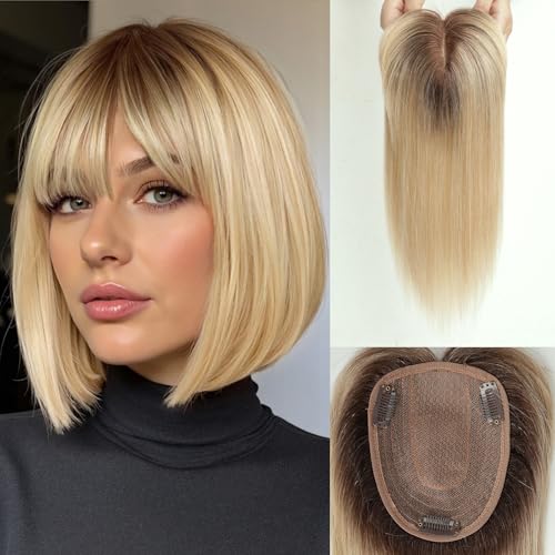 starluck Hair Toppers for Women Real Human Hair with Bangs 4.5"*5.5"Large Base 10 Inch 100% Real Human HairToppers for Women with ThinningHair Cover Gray Roots(ombre Light Blonde)