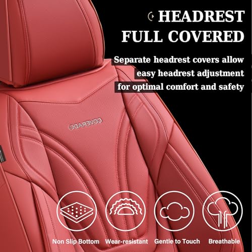 Image of Coverado Car Seat Covers Front Seats, 2 Piece Car Seat Protector with Lumbar Support & Removable Headrest, Breathable Leather Seat Cushion Universal Fit for Truck Automotive Vehicles Red