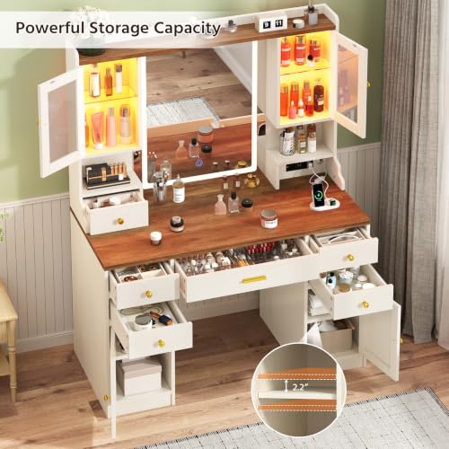 Image of Makeup Vanity Desk with Lighted Mirror and RGB Cabinets, Farmhouse Vanity Desk with Charging Station, Large Vanity Table with 6 Drawers, Vanity Mirror with Lights Desk with Storage Shelves for Girls