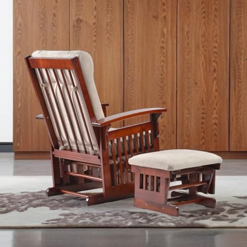 Image of Rocking Chair and Footstool Set Adult Rocking Chair for Nursery Features Solid Wood Base Living Room Rocking Chair Easy Assembly (Beige)