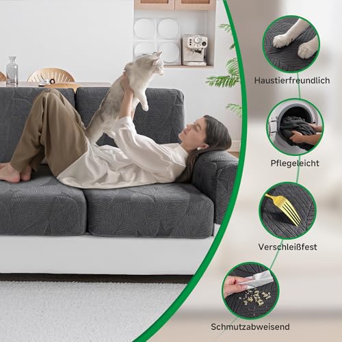 OHSIO Sofa Überzug – Universeller elastischer Sofabezug für Sitzkissen, rutschfest, waschbar & pflegeleicht, ideal für Sofa-Schutz(Dunkelgrau/Blattmuster, 1x Sitzbezug L)