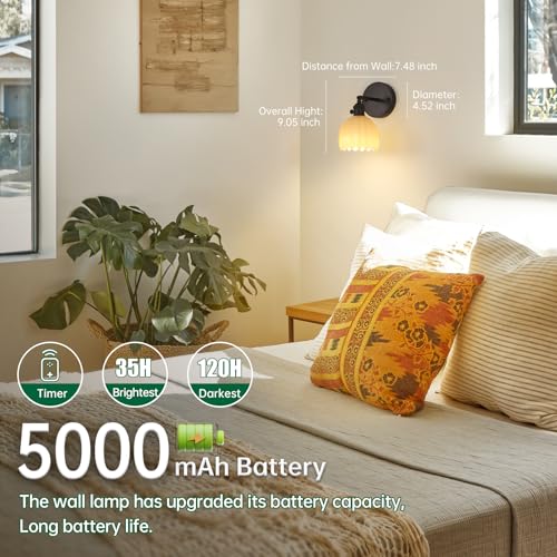 Image of Shenmoyl Vintage Wall Sconce Set of 2 - Rechargeable Battery Powered with Remote Control, Pastel Yellow Tulip Glass Lampshade (5000mAh) for Bedroom /Doorway