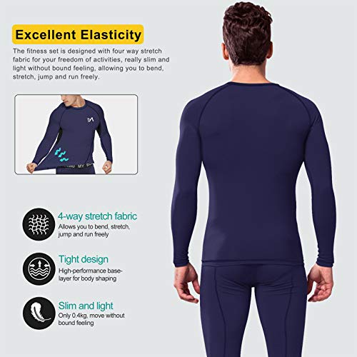 Men's Sport Base Layer Set, Mesh-Side Cool Dry Workout Fitness Long Sleeves Shirt and Pants, Compression Long Johns Underwear - Thumbnail 4