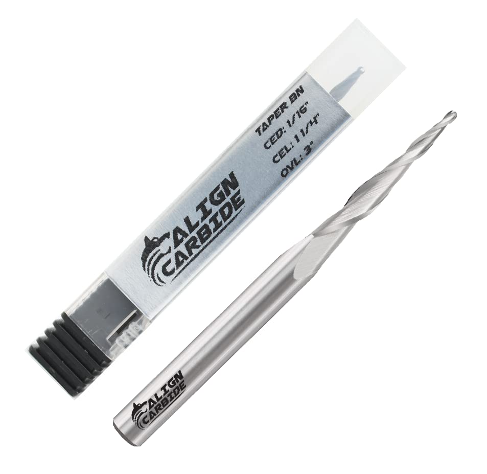 Align Carbide, Tapered Ball Nose Router Bit, 1/16 Inch Cutting Diameter, 1/4 Inch Shank, Premium Solid Micro Grain Carbide, Spiral Plunge, 2 Flute, Ball Nose Cutting Face, Side Angle 5 Degrees.