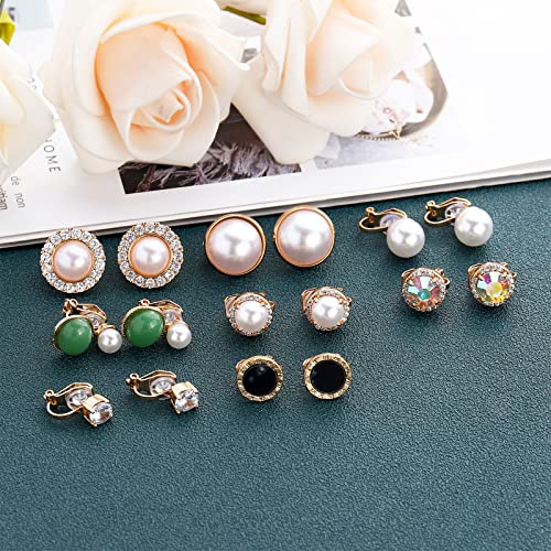 NEWITIN 12 Pairs Clip On Earrings for Women Cute Earring Crystal Pearl Stud Charming Fashion Earring Non Piercing Clip on Stud Earrings for Women3