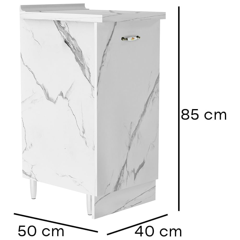 Shally Dogan Mobile Base per Cucina con Anta Singola e Due Scomparti, Mobiletto con Struttura in Legno Robusta e Resistente, Bianco Effetto Marmo, Mobile Componibile, 40 x 50 x 85H cm (Anta Singola)