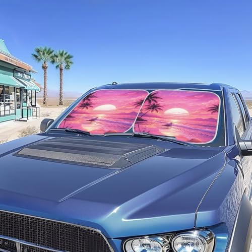 Image of Car Sun Shade Windshield Sunshade Pink Sunset Palm Tree Auto Interior Protector Foldable 2-Piece Sun Visor Windshield Cover Automotive Interior Accessories Fit Most Cars