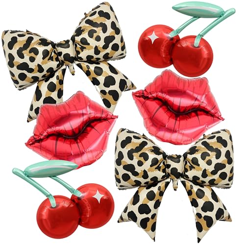 Leopard Print Bow Cherry Lip Balloons Set for Birthday Bachelorette Girls' Party Photo Props Bridal showers, Baby Showers, Girls’ nights, Graduation Parties, Holiday gatherings 6pcs