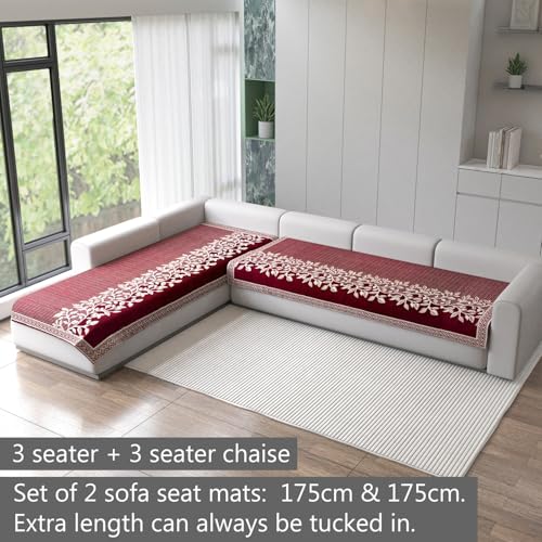Image of Nendle Superior Velvet Floral Sofa Mat 6 Seater Set Cover Durable Protector for Living Room Sofa Set 3+3, Suitable for L Shape, Sectional and U Shape Sofa (Maroon Pack of 2)