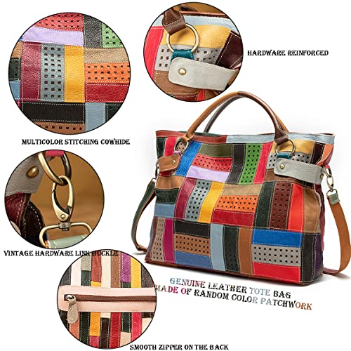 Segater® Women’s Genuine Leather Tote Multicolour Patchwork Hollow Shoulder Bag Cowhide Stitching Colorful Large Handbag Purses Multicoloured #TOP3