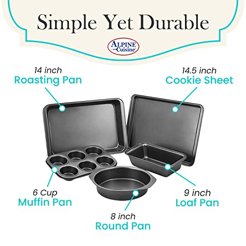 Alpine Cuisine Baking Set 5-Piece - Nonstick Carbon Steel Bakeware Set - Grey Baking Sets For Kitchen, Includes Loaf Pan, Round Pan, 6 Cup Muffin Pan, Roaster Pan, Cookie Sheet, Dishwasher Safe #TOP2