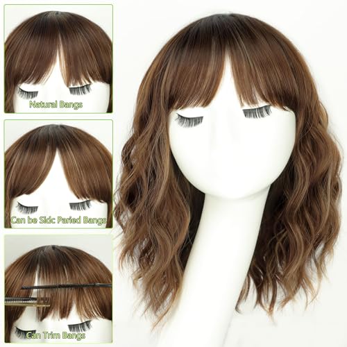 Image of AISI HAIR Curly Bob Wig with Bangs Short Wavy Toasted Brown Wigs for Women Bob Style Synthetic Heat Resistant Bob Wigs