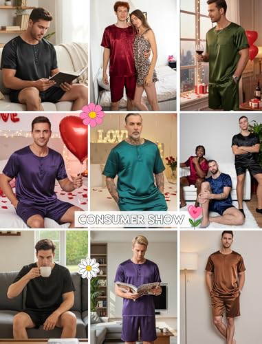 Image of Ekouaer Mens Pajamas Set Silk Satin Pjs Sets Summer Short Sleeve Button Down Sleepwear 2 Piece Loungewear with Pockets