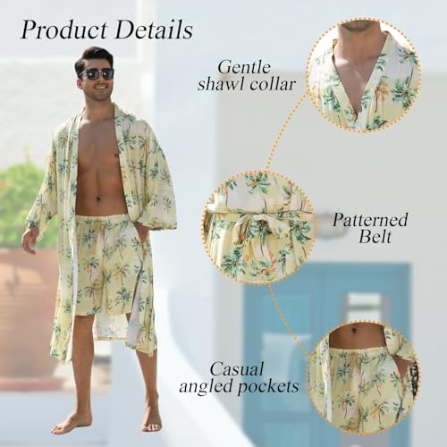UMIMAN Men's lightweight robe 2 Piece Japanese Kimono Robe and Shorts Set Casual Belted Open Front Long Robe4
