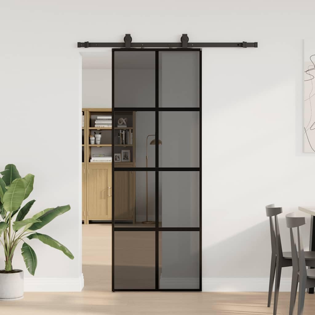 Kit porte coulissante verre trempé noir 76x205 cm avec rail aluminium et quincaillerie résistante pour intérieur et extérieur, design moderne et sécurité renforcée