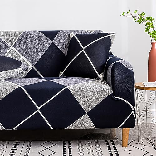 Image of Story@Home Sofa Cover 1 Seater Fully Covered Stretchable Polyester Spandex Elastic Sofa Cover 1 Seater 90x140Cm | Navy Blue & Grey Geometric 1 Seater Sofa Cover for Living Room & Create Customized Set